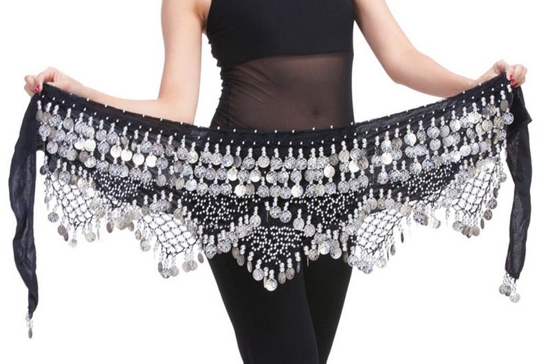 Aivtalk Women Belly Dance Wrap Gypsy Skirts with Coins Sequins Hip Scarf Black & Silver - Image 1